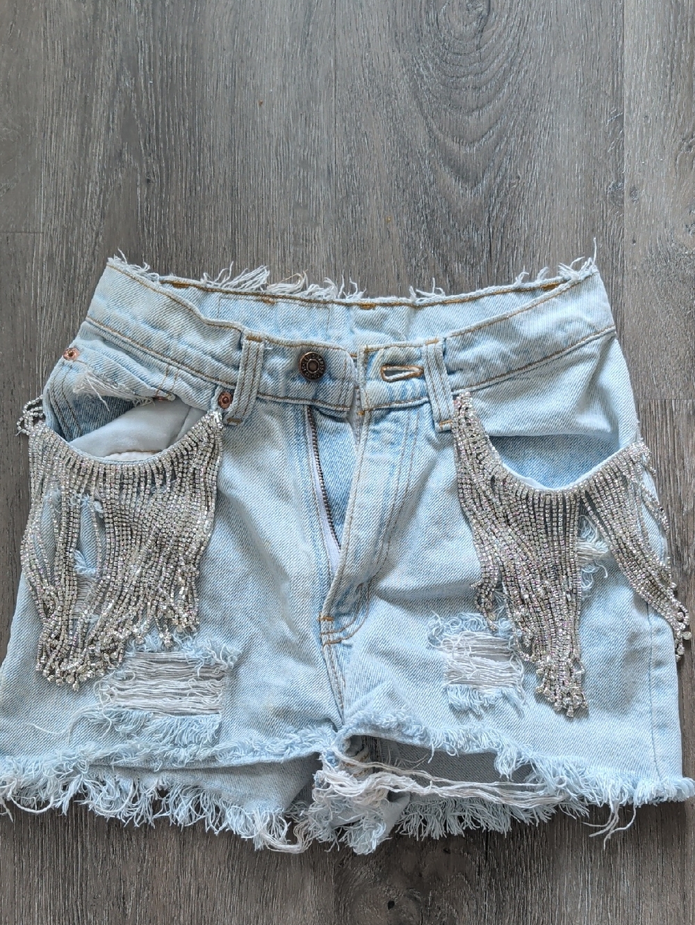 Levi's Light Blue Distressed Denim Shorts with Beaded Fringe